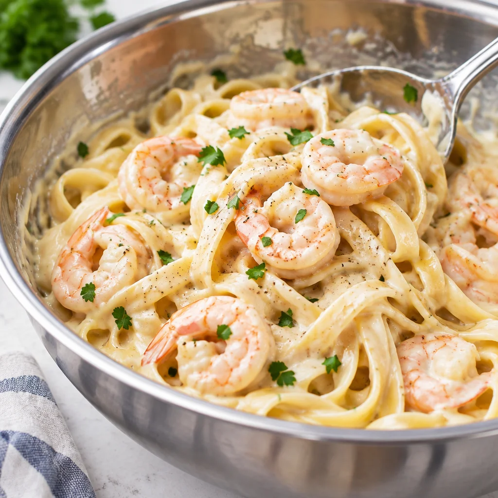 Creamy Shrimp Alfredo with fettuccine and Parmesan cheese sauce