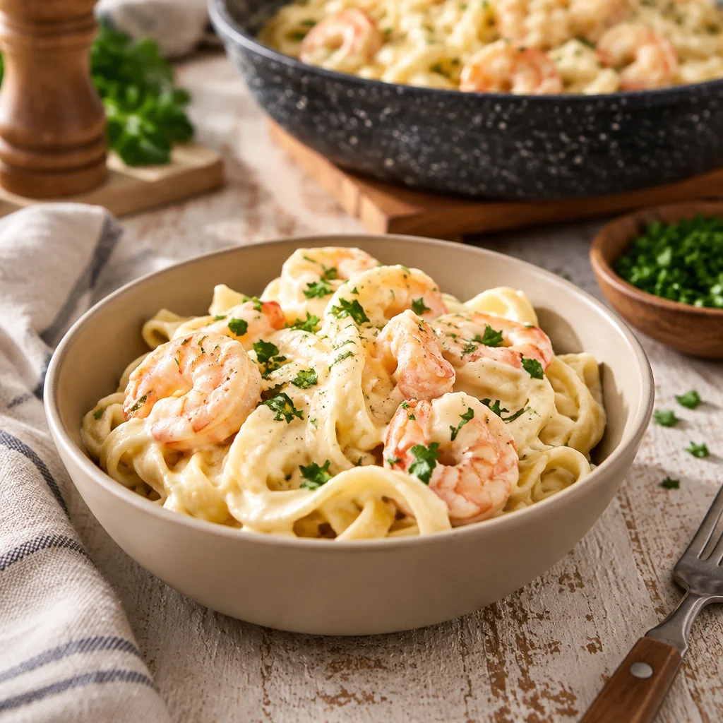 Delicious shrimp alfredo pasta with creamy sauce and tender shrimp.