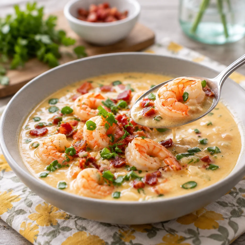 A bowl of creamy Shrimp Chowder filled with shrimp, potatoes, and vegetables.
