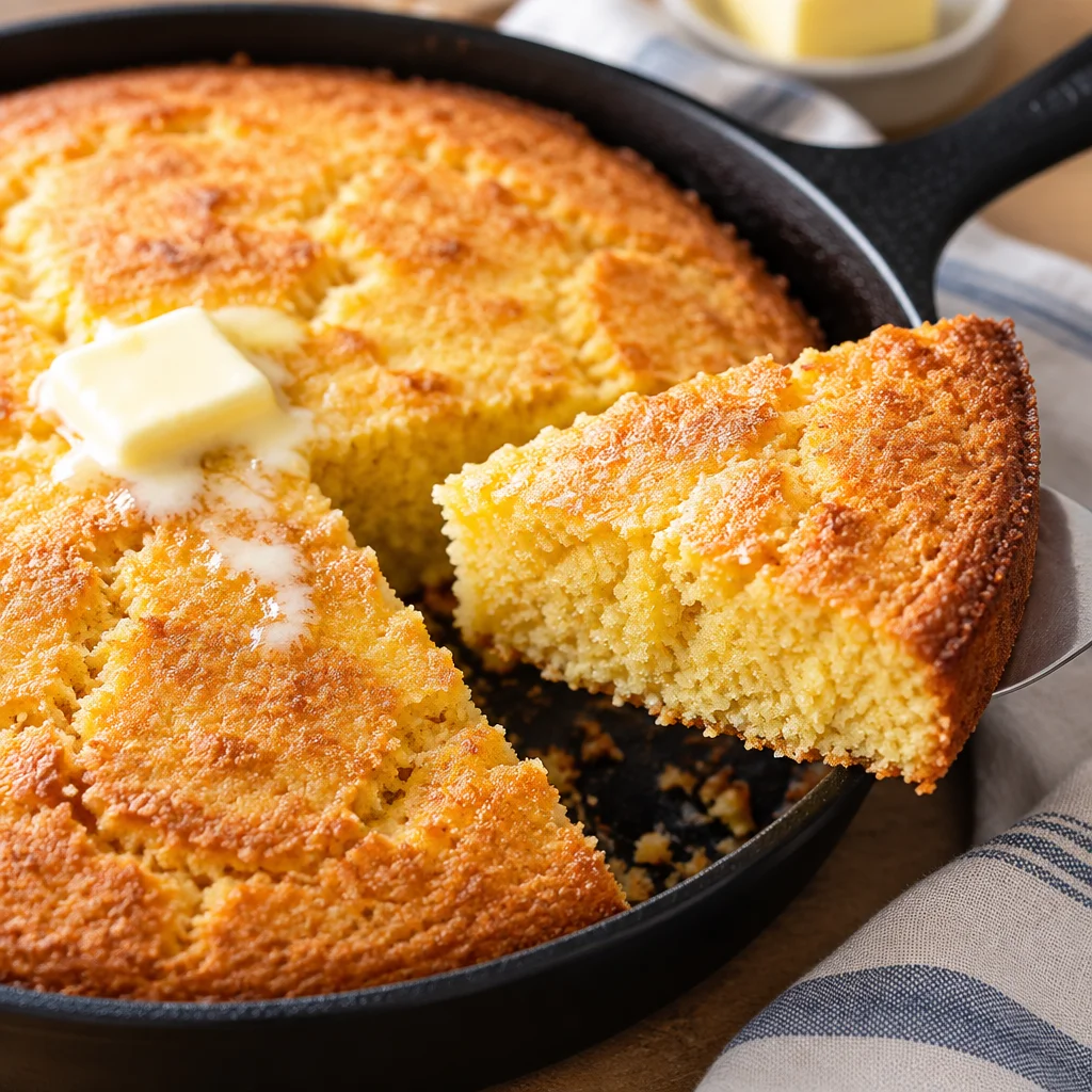 Delicious Southern Cornbread baked in a cast iron skillet with buttermilk and yellow cornmeal.