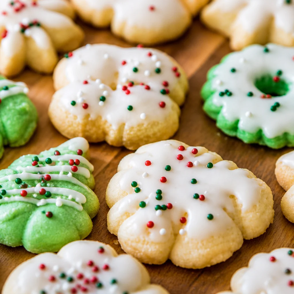 A batch of buttery spritz cookies arranged on a festive plate.