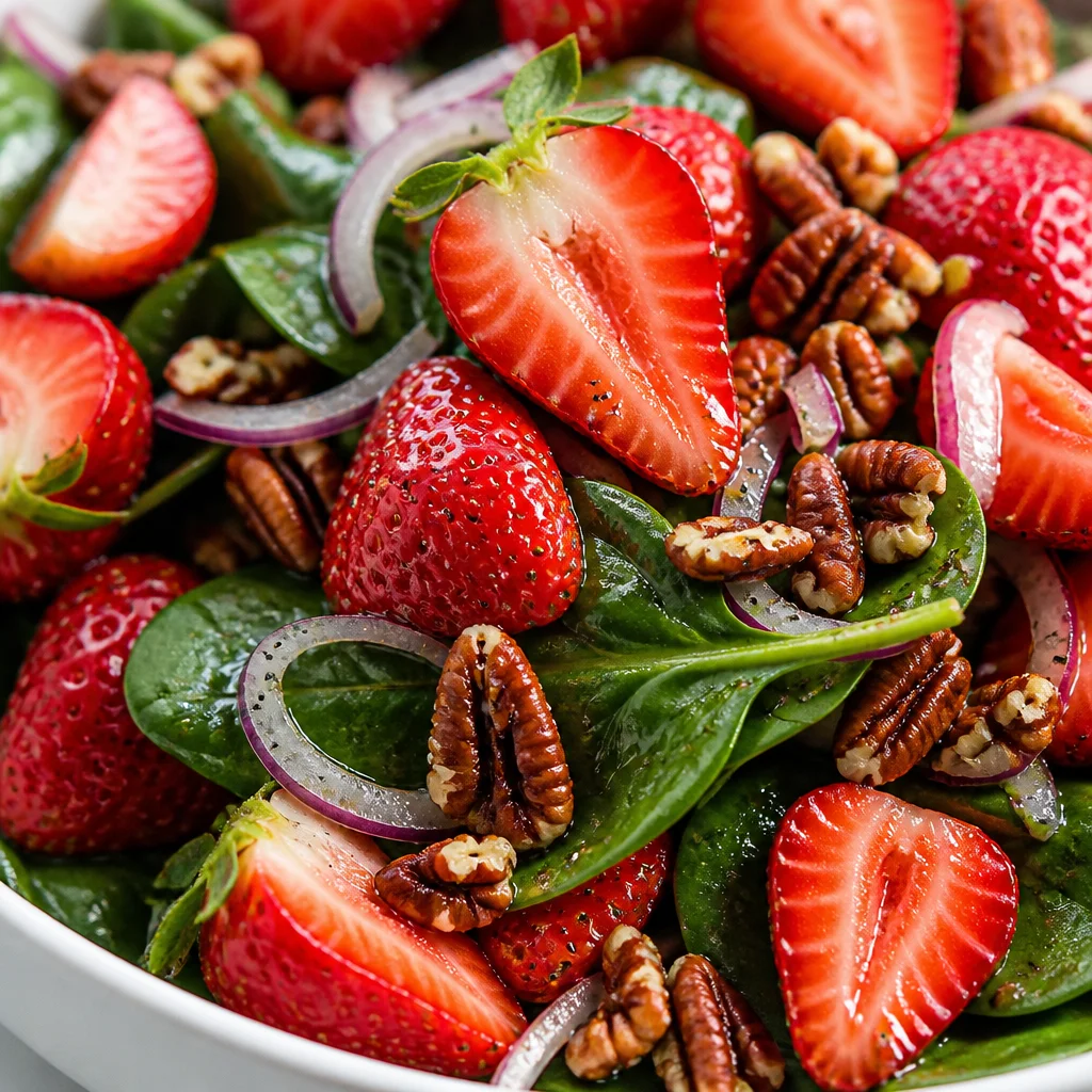 Vibrant Strawberry Spinach Salad with pecans and feta drizzled with balsamic dressing