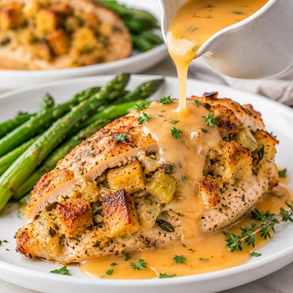 Delicious stuffed chicken breast with creamy cheese and spinach on a plate