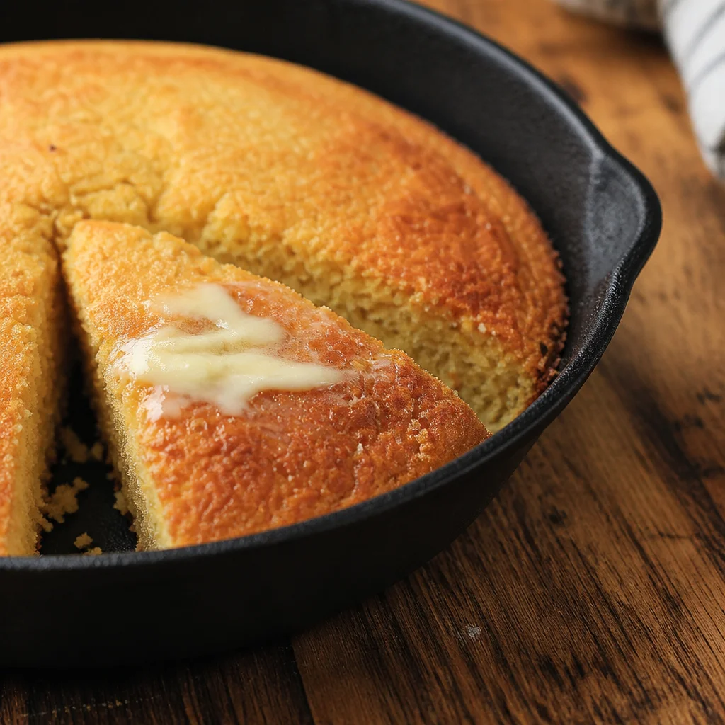 Delicious homemade sweet cornbread with golden edges, perfect for any meal.