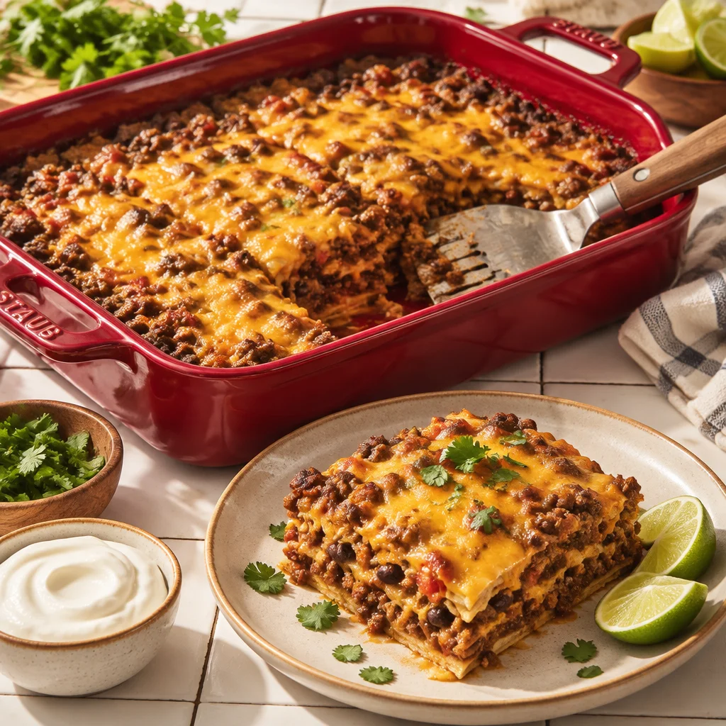 Layers of easy taco casserole with beef, cheese, and tortillas.