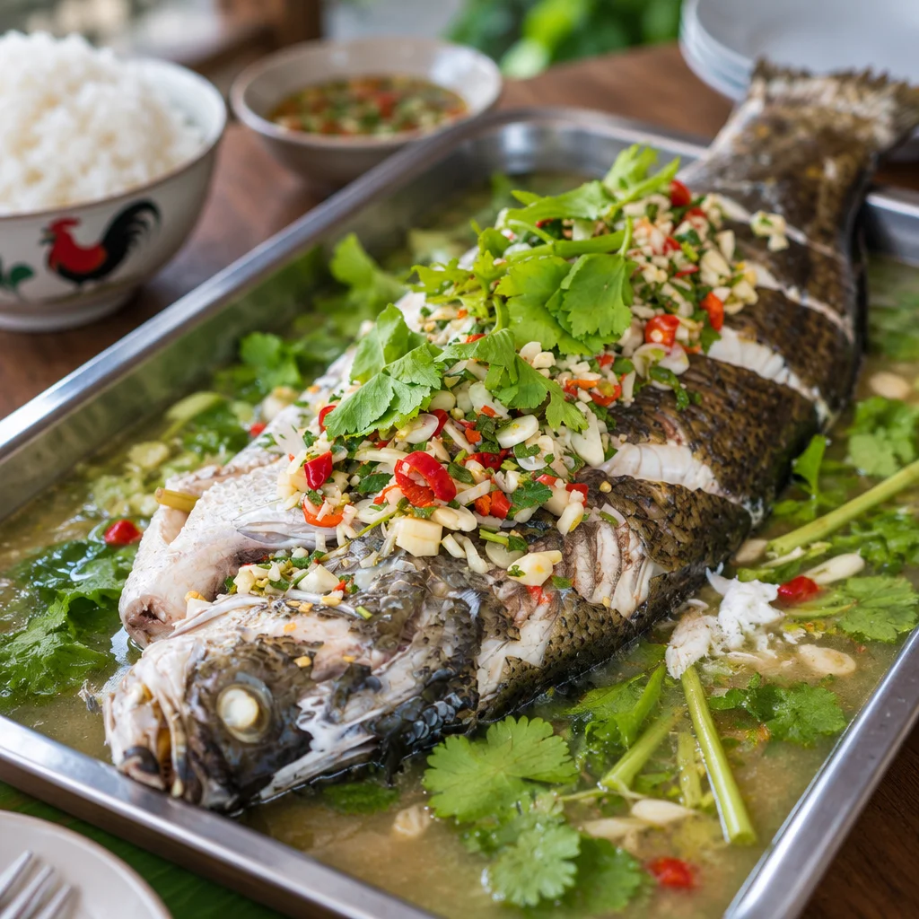 Plate of Thai Steamed Fish with Coconut Lemongrass Sauce garnished with fresh herbs