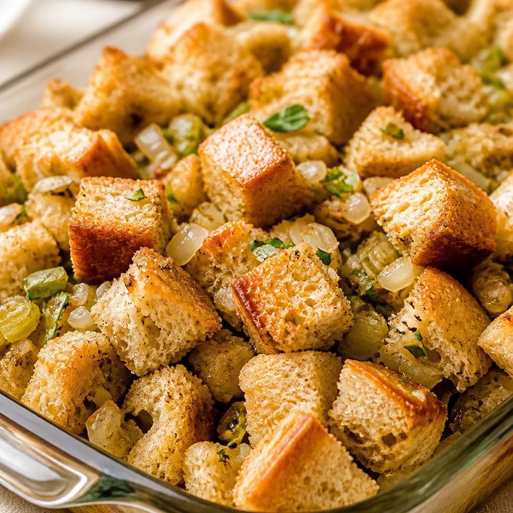Delicious Thanksgiving stuffing with buttery flavor and fresh herbs.