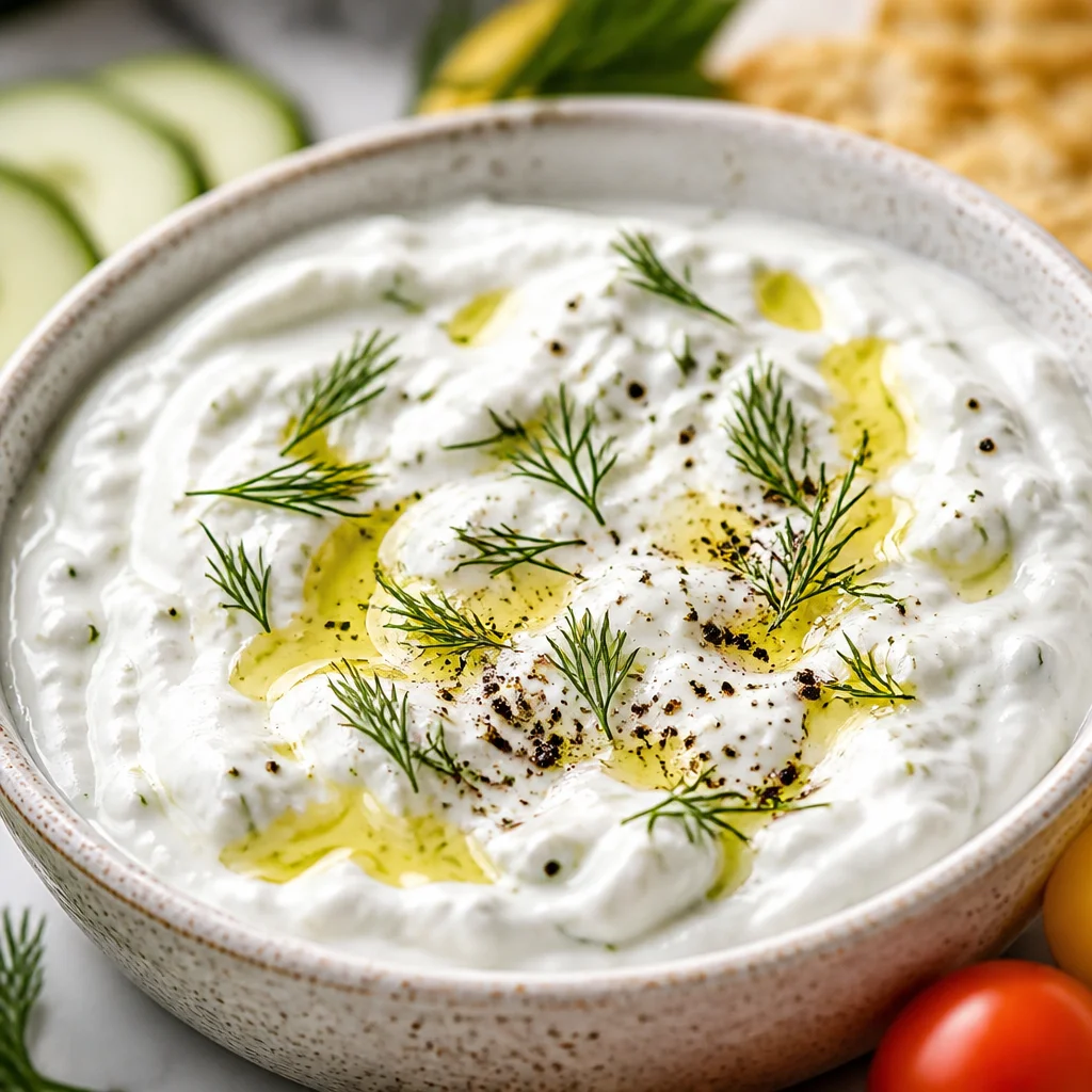 Creamy homemade tzatziki sauce with Greek yogurt, cucumber, garlic, and dill.