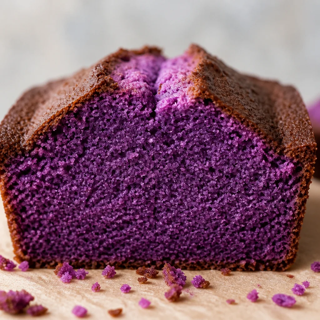 Slice of vibrant ube cake topped with rich ube buttercream for a festive celebration.