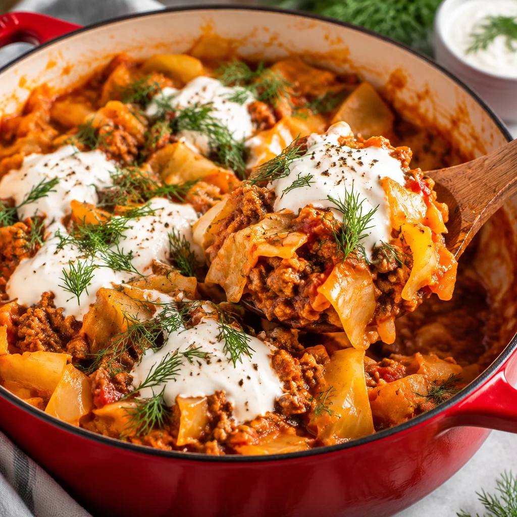 Delicious unstuffed cabbage rolls in a savory tomato sauce with beef and rice.