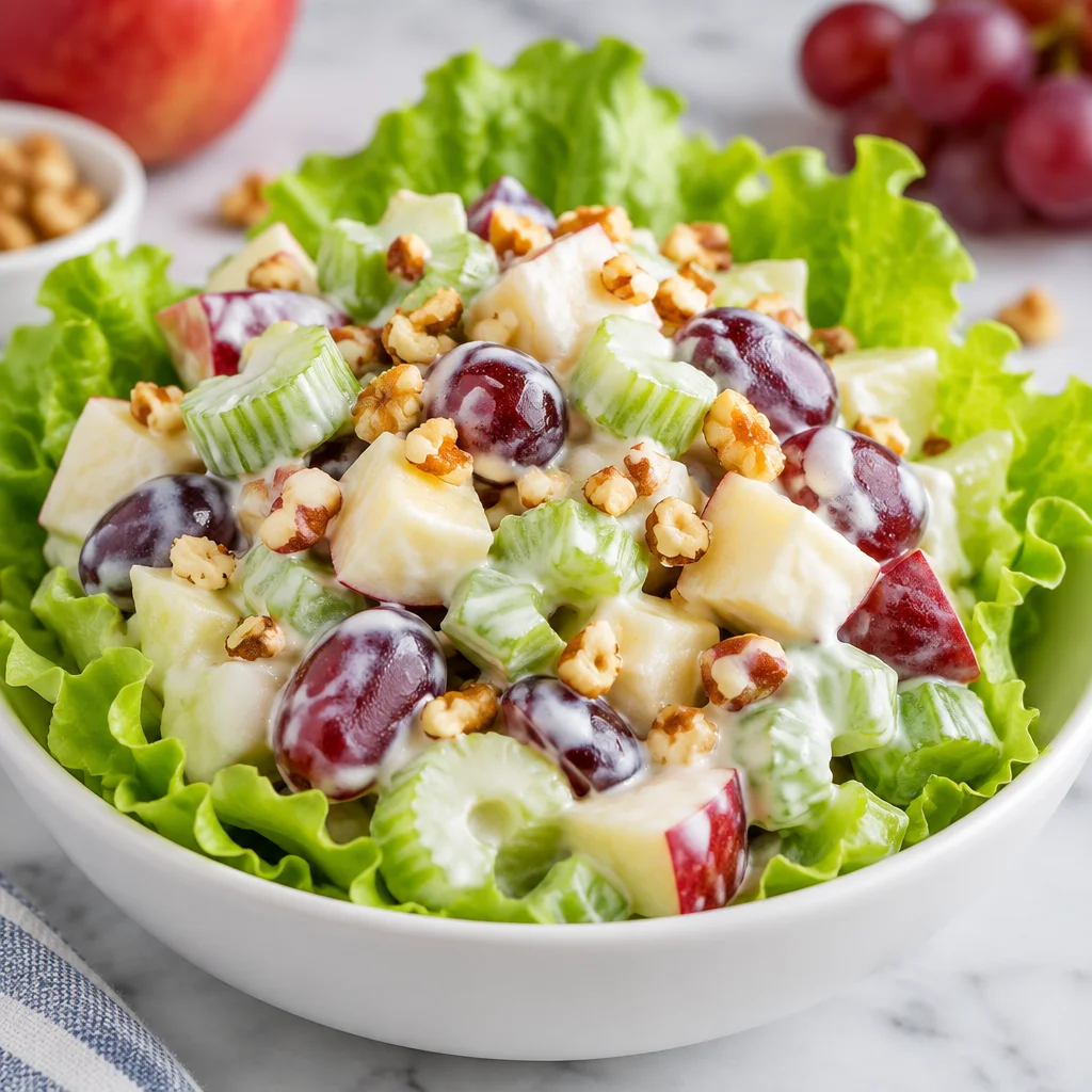 Delicious Waldorf salad with apples, celery, walnuts, and creamy dressing served in a bowl.