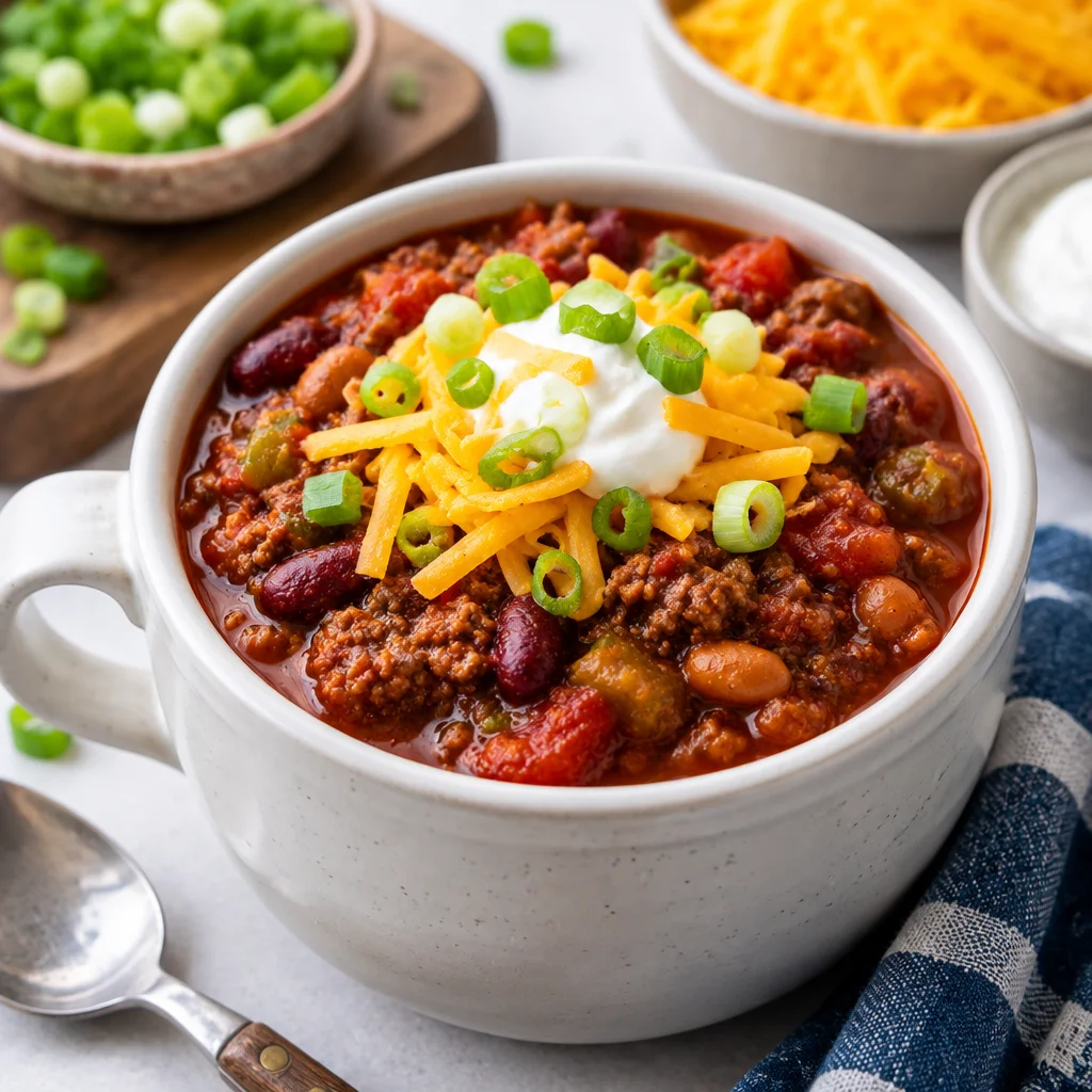 Delicious home-cooked Wendy's chili recipe served in a bowl with toppings.
