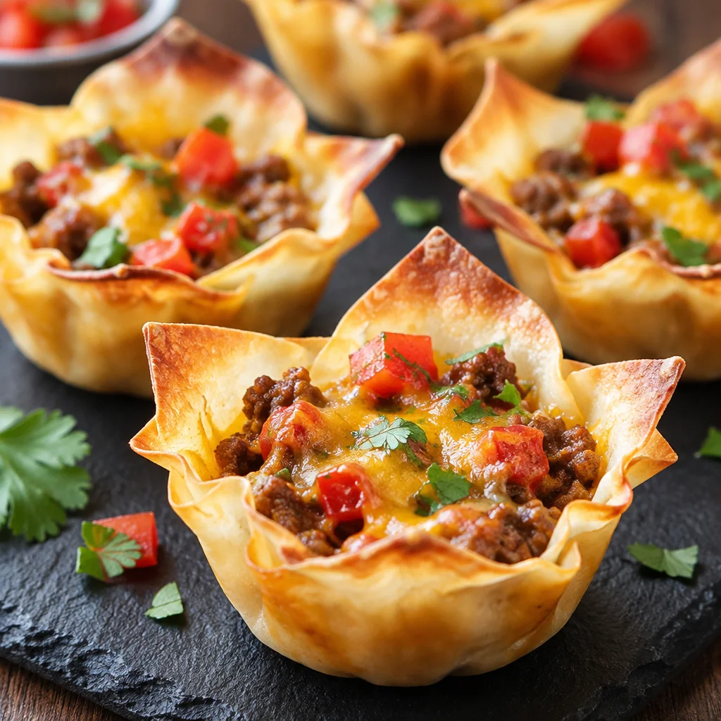 Crispy Wonton Taco Cups filled with seasoned beef and cheese, perfect for appetizers.