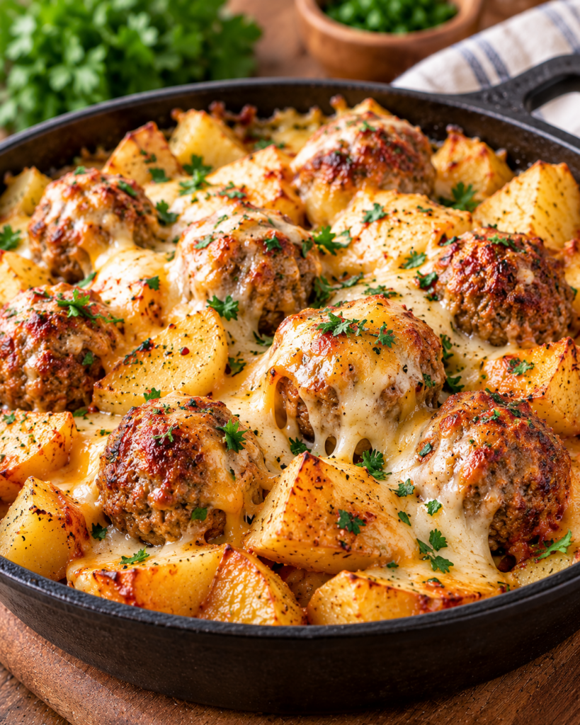 Cheesy Meatballs and Potatoes Delight