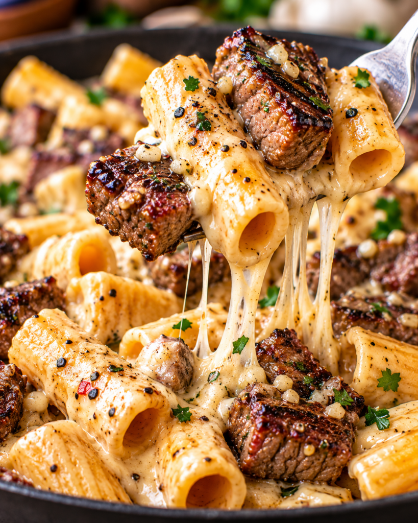 Garlic Butter Steak Tips with Cheesy Rigatoni