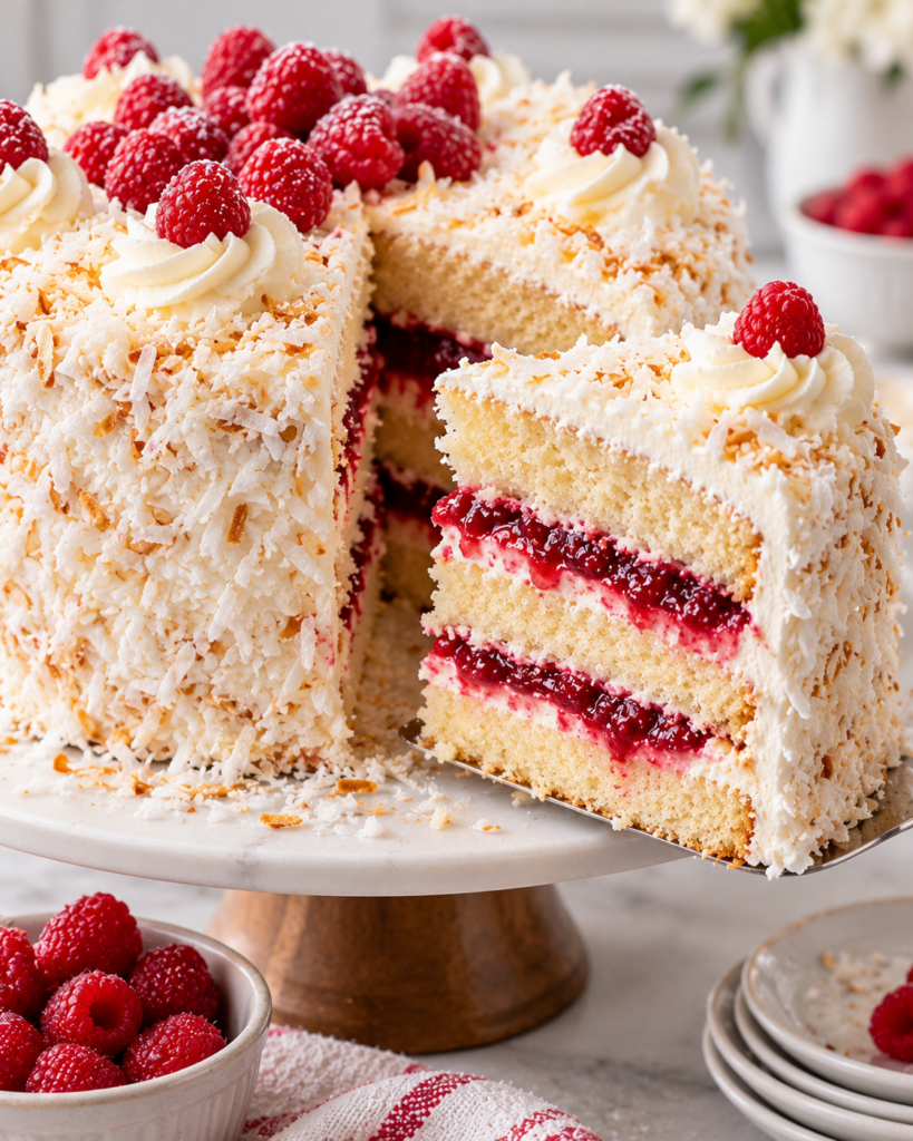 Coconut Cake with Raspberry Filling