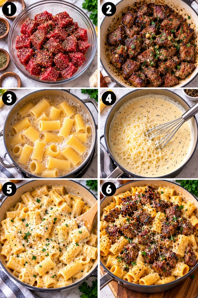 Garlic Butter Steak Tips with Cheesy Rigatoni