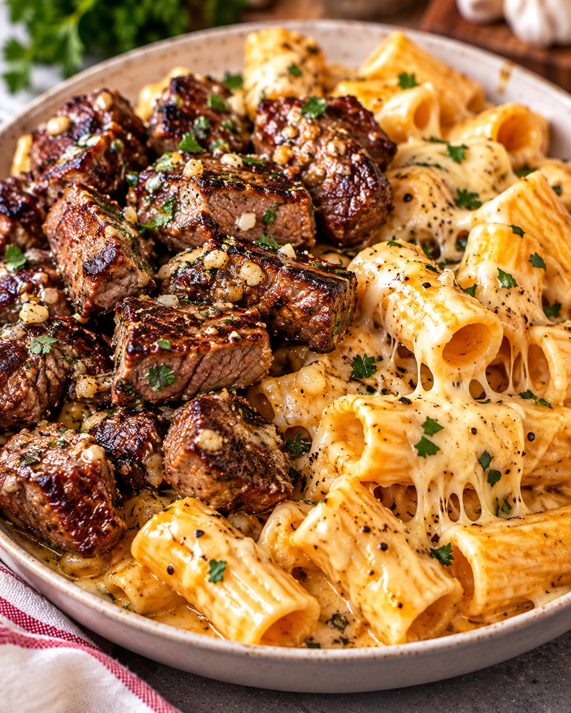 Garlic Butter Steak Tips with Cheesy Rigatoni