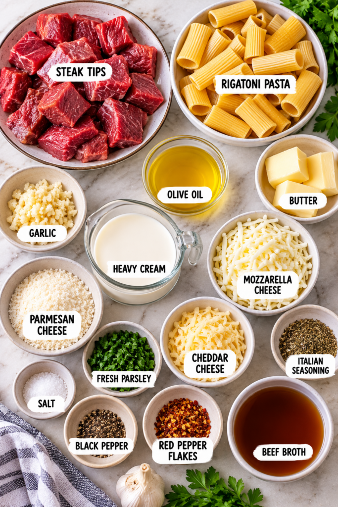 Garlic Butter Steak Tips with Cheesy Rigatoni
