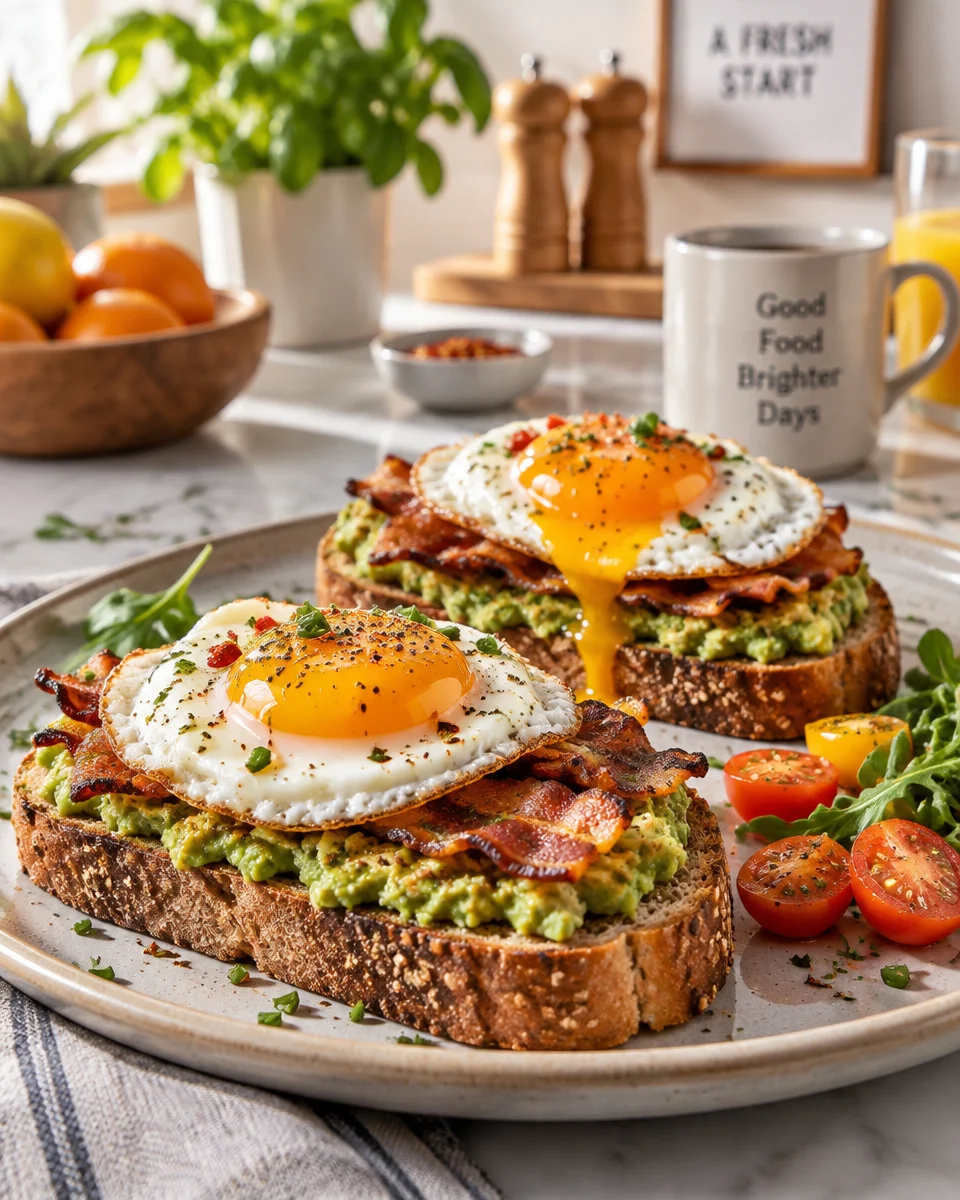 avocado toast with egg and bacon