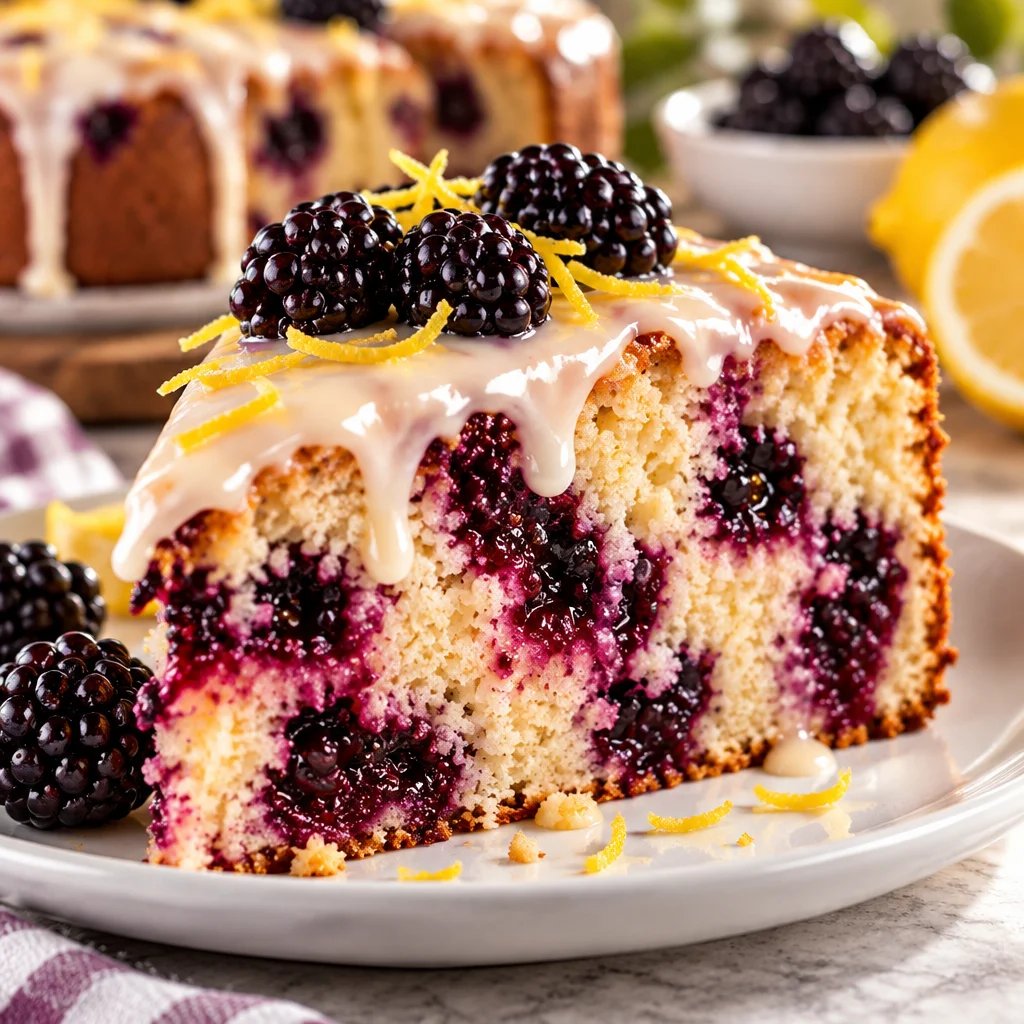 Delicious homemade blackberry cake topped with cream cheese frosting and fresh berries.