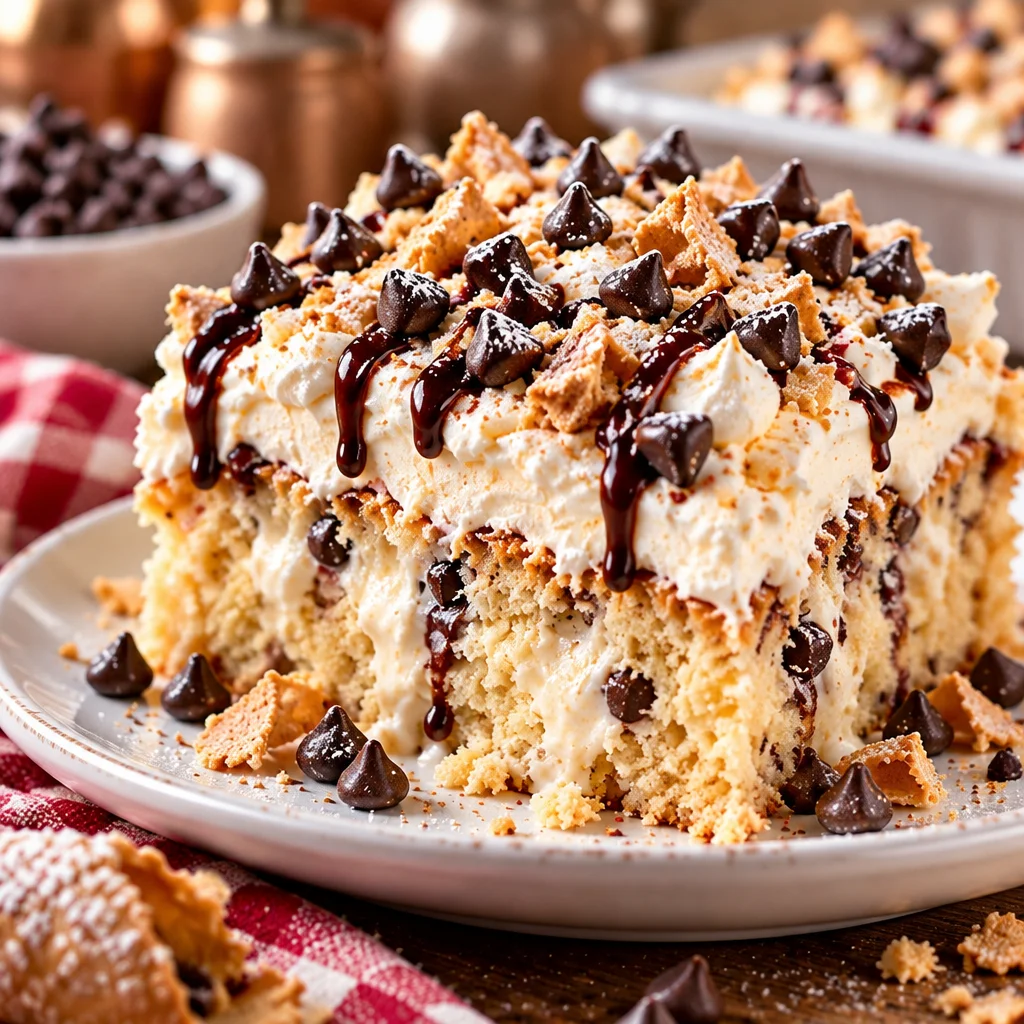 Delicious Cannoli Poke Cake with creamy filling and sweetened condensed milk topping.