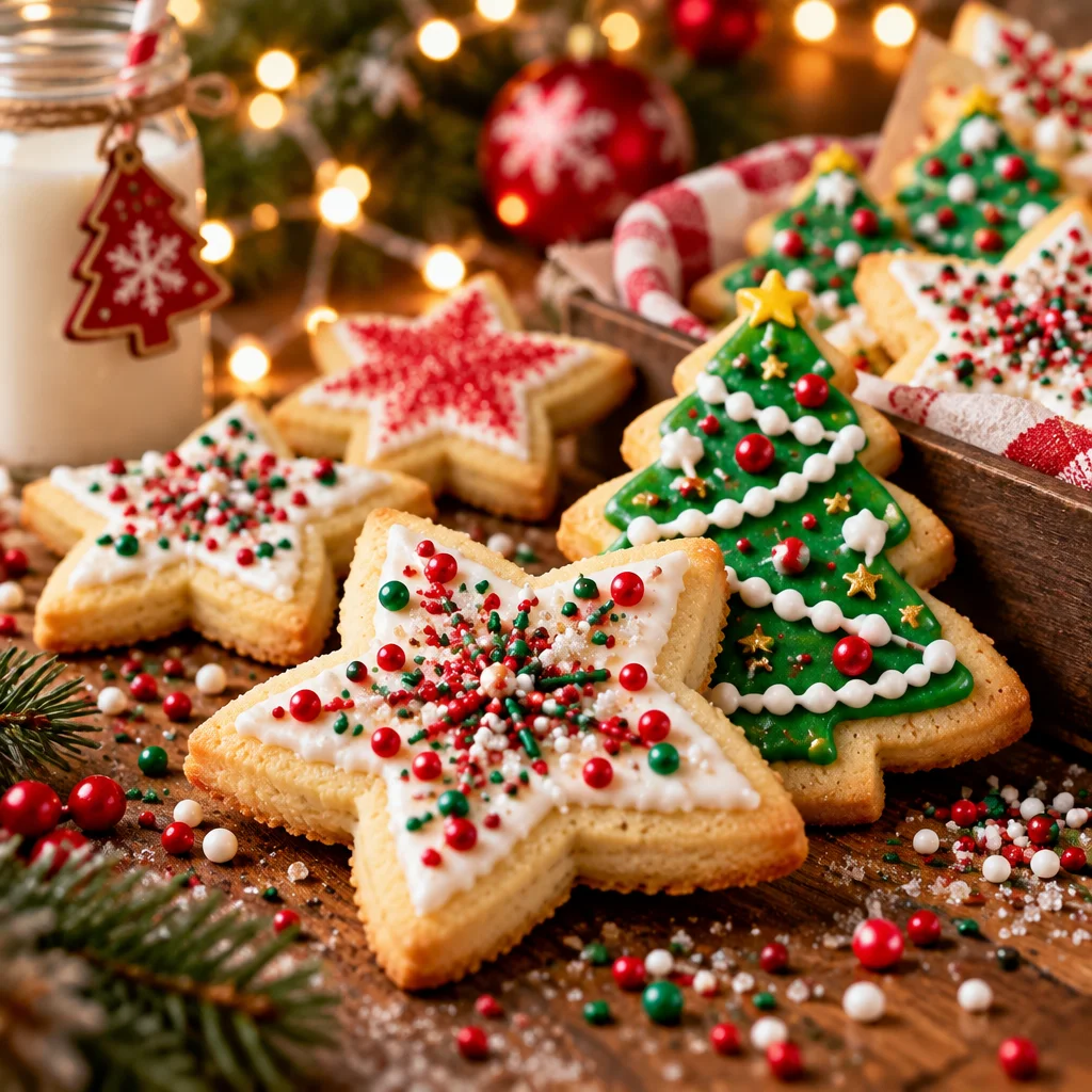 Plate of delicious Christmas butter cookies decorated with icing and sprinkles.