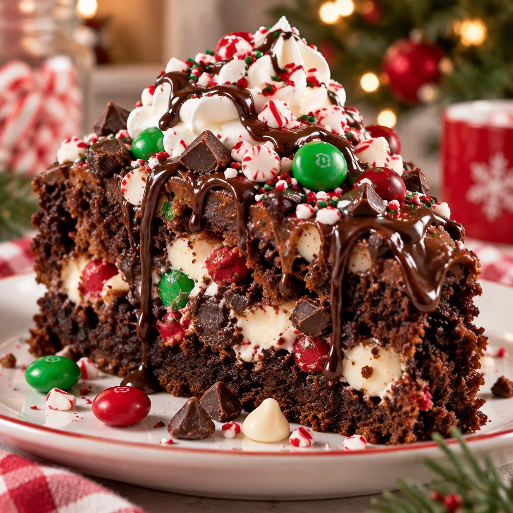 Delicious Christmas Chaos Cake decorated with festive toppings for holiday gatherings.