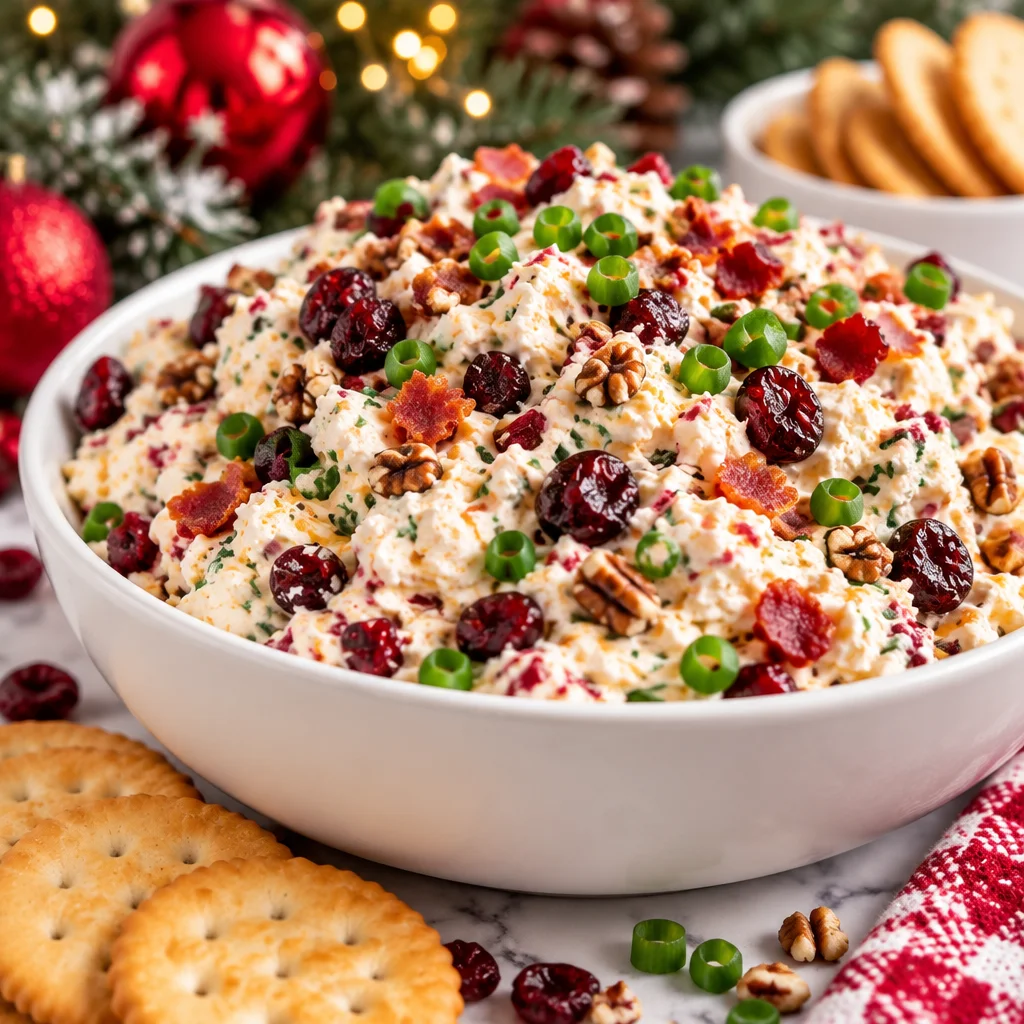Festive Christmas cream cheese spread with cranberries and pecans on a holiday platter.