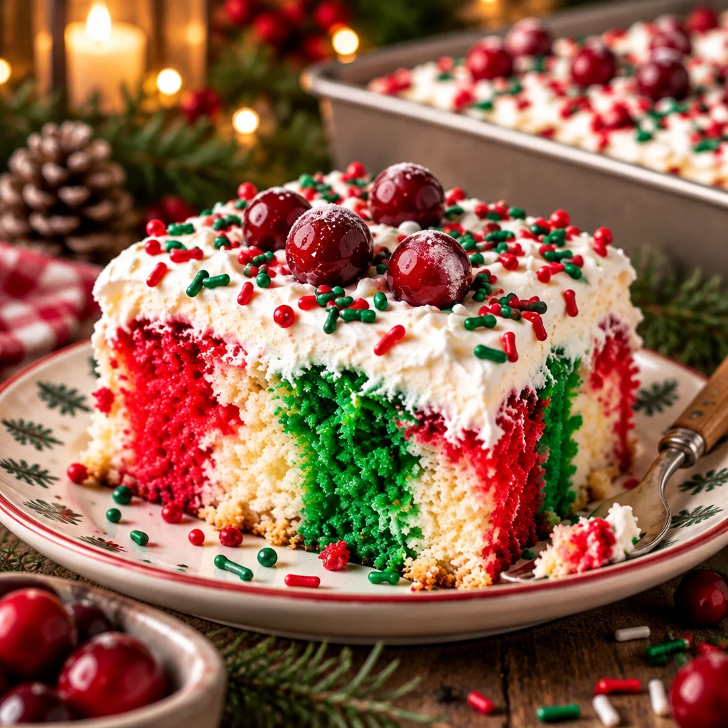 Colorful Christmas Poke Cake topped with whipped cream and festive sprinkles.