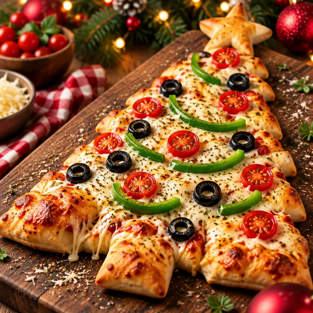Festive pull-apart crescent roll Christmas tree appetizer for holiday parties.