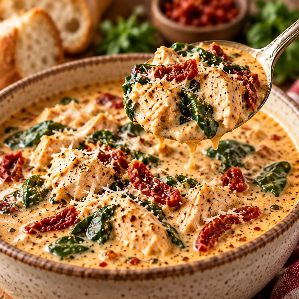 Bowl of creamy Marry Me Chicken Noodle Soup with sun-dried tomatoes and pasta.