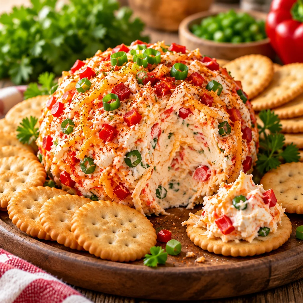 Delicious crab cream cheese ball served as an appetizer with chives and spices.