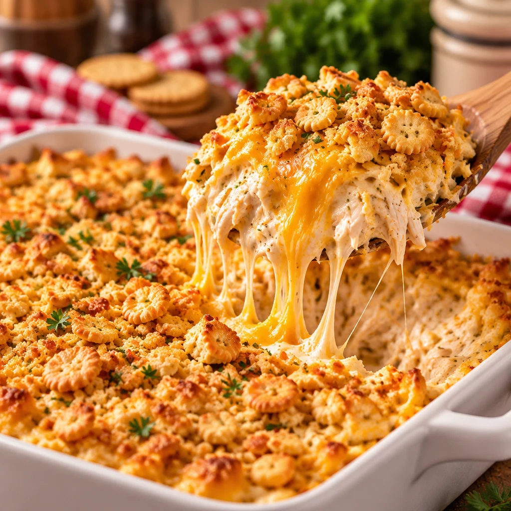Dolly Parton's 5 Ingredient Casserole with chicken, sour cream, and cheese layered in a dish.