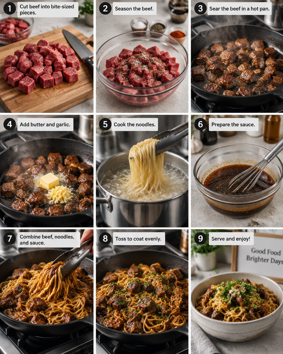 Garlic Butter Steak Bites with Cheesy Noodles