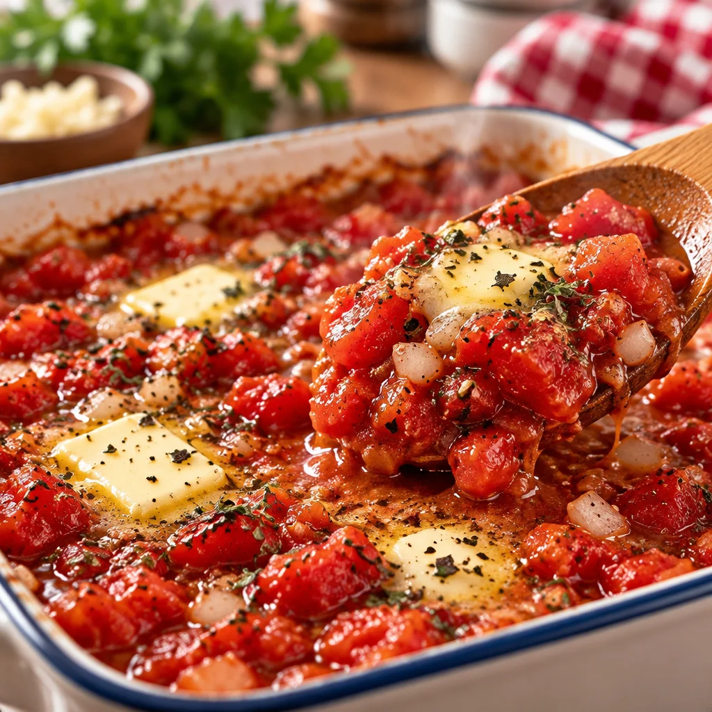 Baked canned tomatoes recipe with rich flavors and simple ingredients.