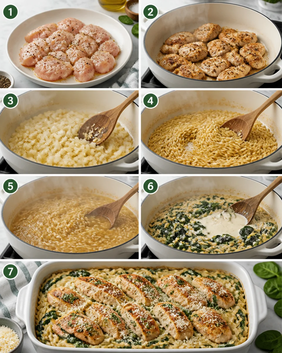 One Pan Spinach and Chicken Orzo Bake