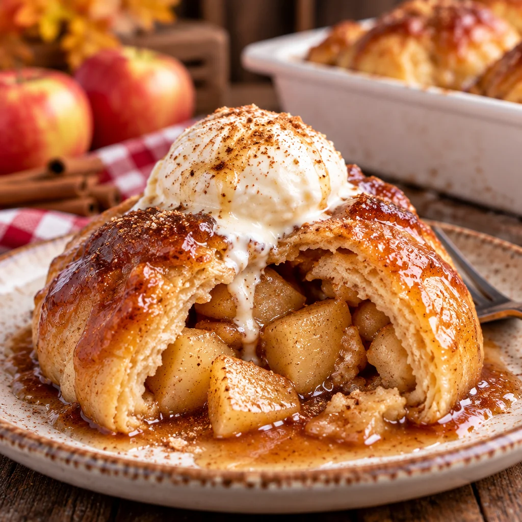 Delicious Pennsylvania Dutch apple dumplings with flaky crust and cinnamon sauce.