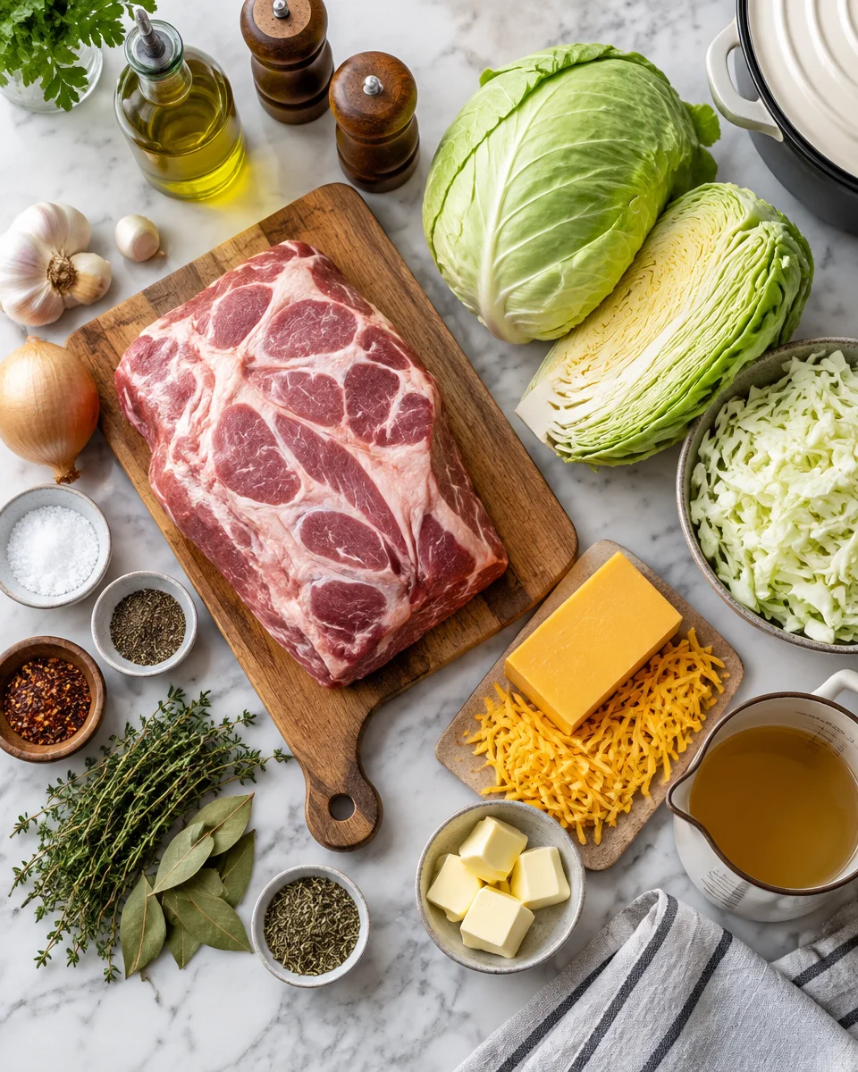 Pork and Cabbage Stew with Cheddar Dumplings