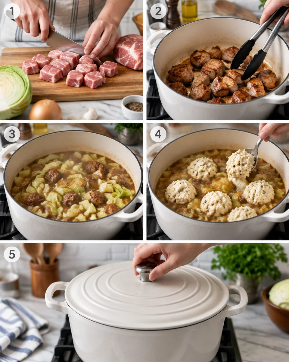 Pork and Cabbage Stew with Cheddar Dumplings