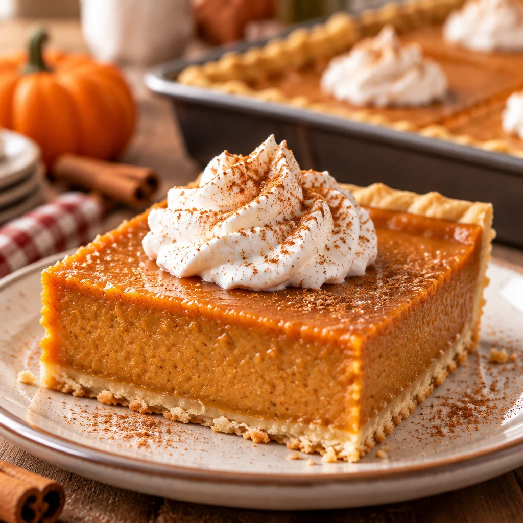 Delicious pumpkin slab pie served on a festive table, perfect for sharing.