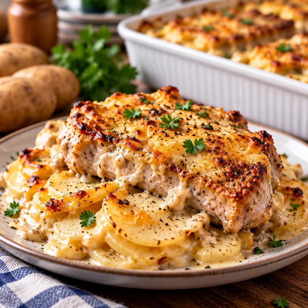 Pork chops baked over cheesy scalloped potatoes in a comforting casserole dish
