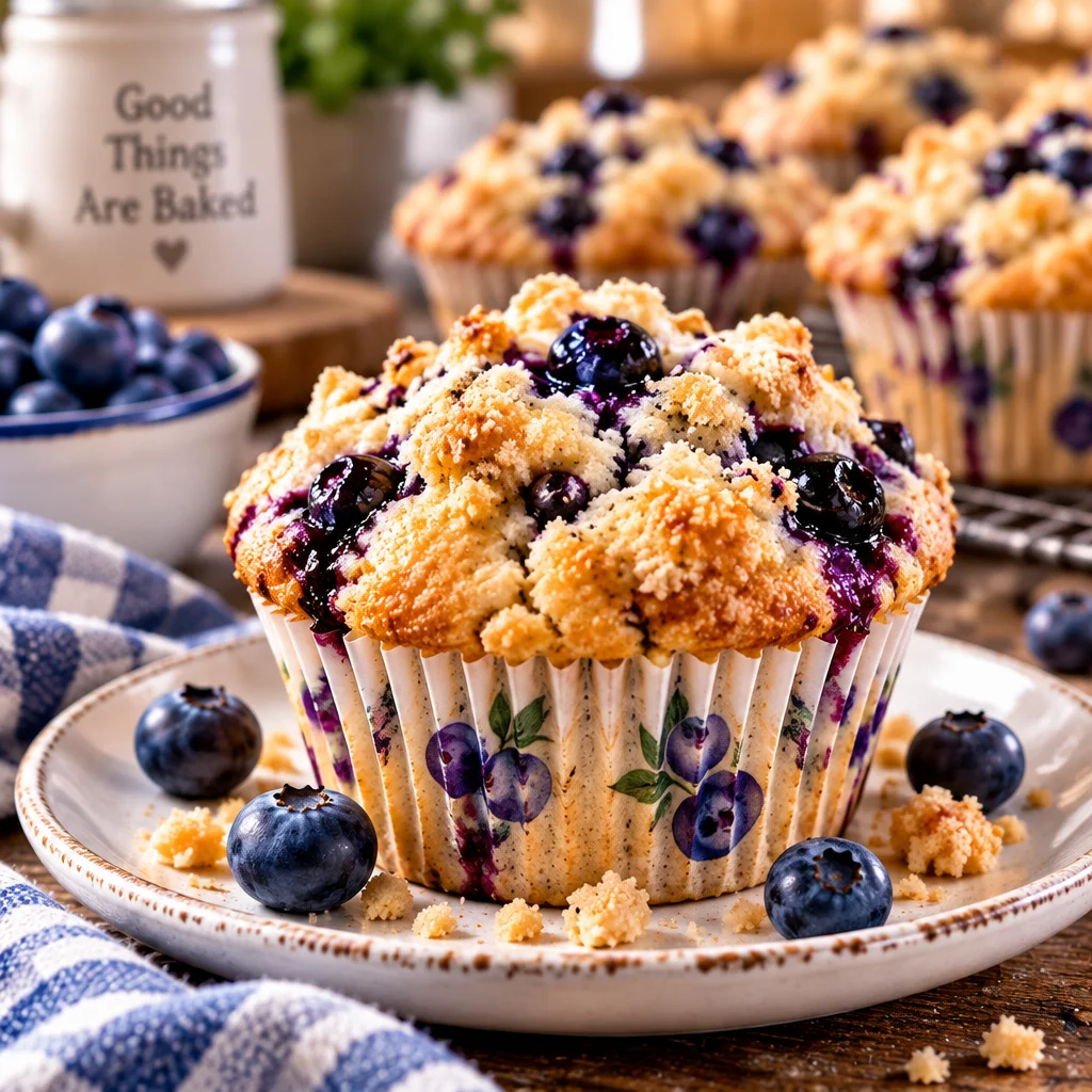 Delicious homemade Starbucks blueberry muffin with juicy blueberries and crumble topping.