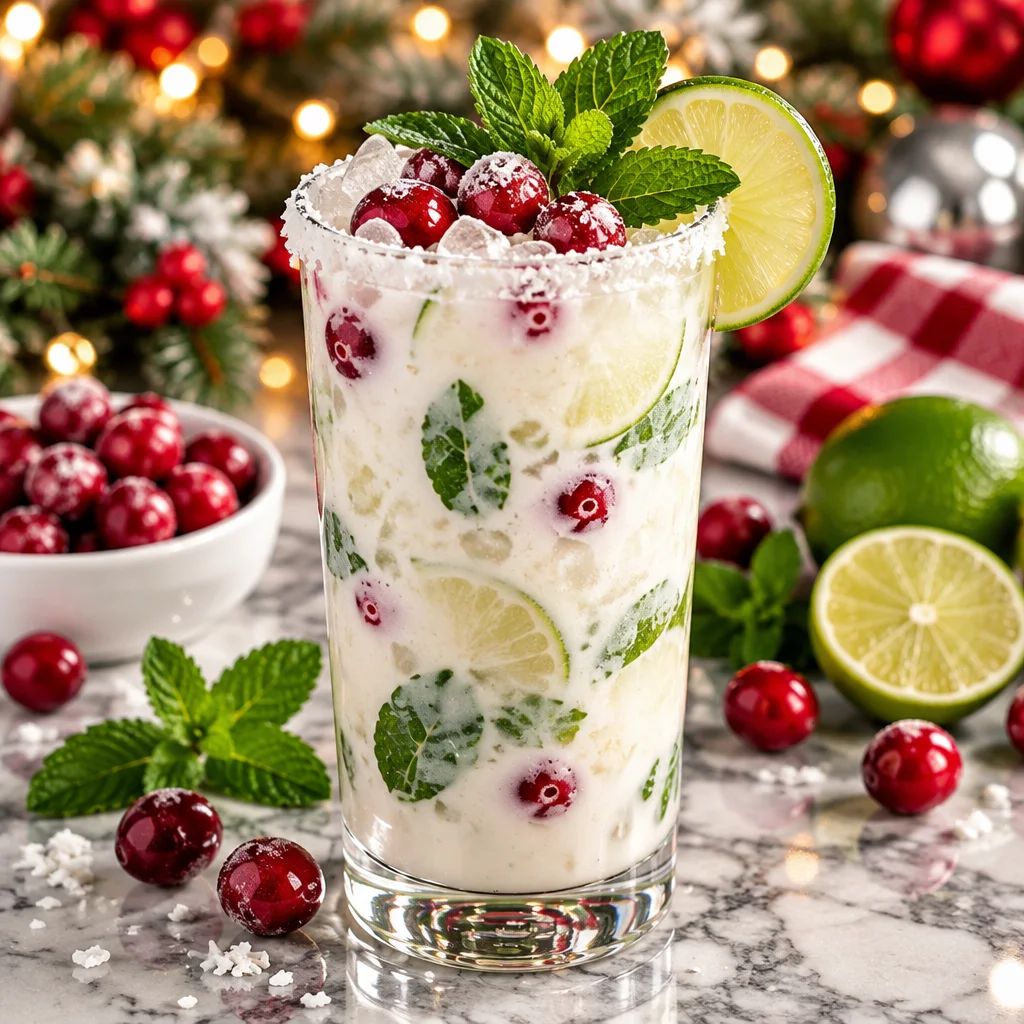Festive White Christmas Mojito cocktail with lime, mint, and coconut rum